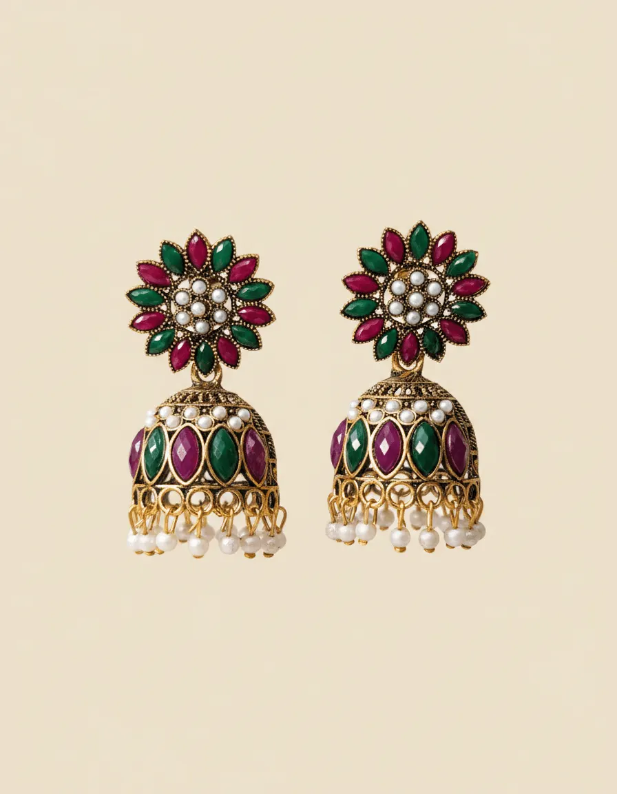 Kundan-Style Navratna Floral Jhumka Earrings