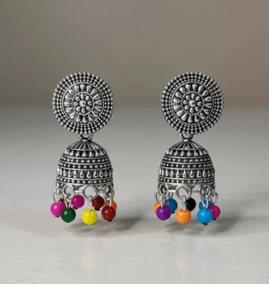 Oxidised Silver Multicolor Bead Embellished Jhumkas