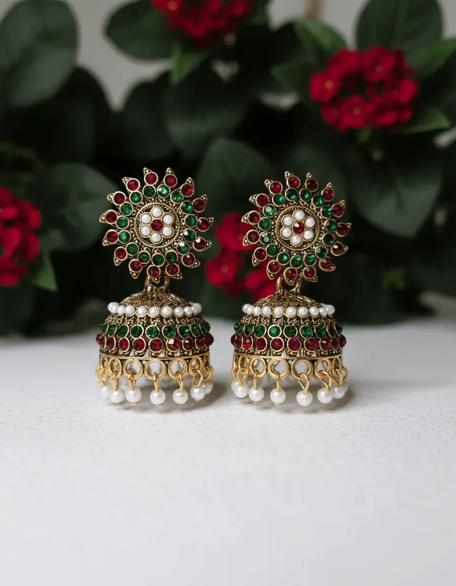Traditional Indian Oxidised Jhumka Earrings – Kundan Style with Stone Embellishments