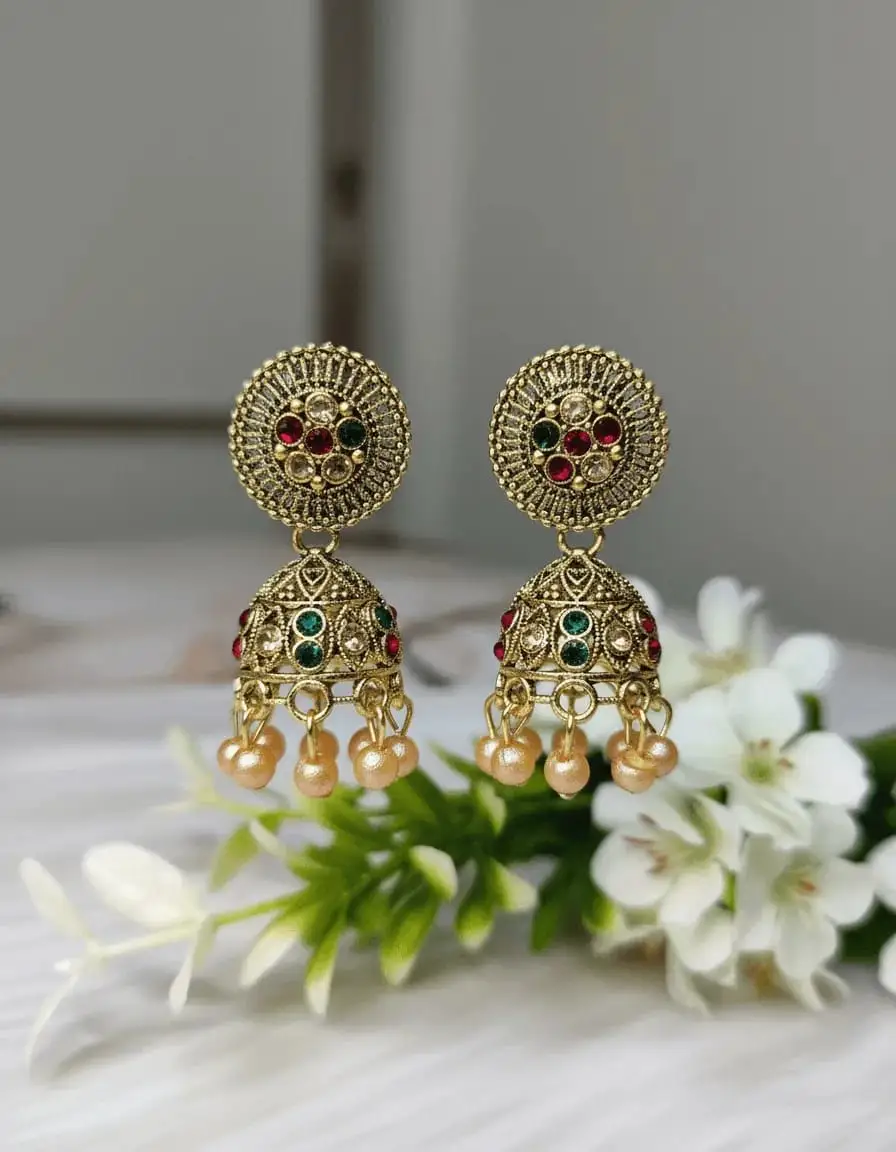 Traditional Gold-Tone Stone Embellished Jhumkas