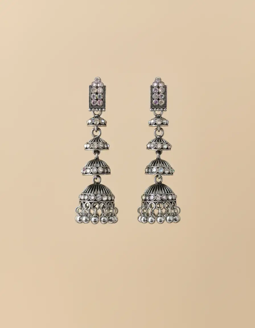 Oxidised Silver Three-Tier Jhumka Earrings with Crystal Embellishments