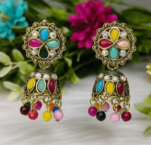 Multicolored Beaded Jhumka Earrings